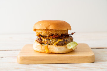 Canvas Print - beef burger with cheese, bacon and onion rings