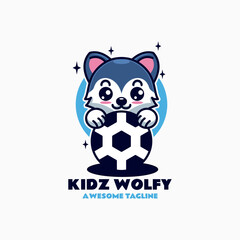 Wall Mural - Vector Logo Illustration Kids Wolf Mascot Cartoon Style.