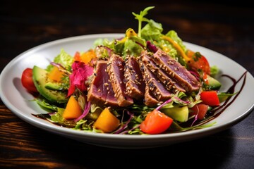 Poster - Traditional salad with pieces of medium-rare grilled ahi tuna and sesame with fresh vegetable salad.