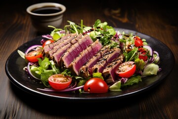 Sticker - Traditional salad with pieces of medium-rare grilled ahi tuna and sesame with fresh vegetable salad.