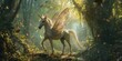 a beautiful pegasus unicorn running in the forest. Fantasy art