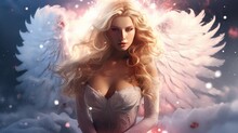 A Cartoon Angel With Wings And A Halo Around Its Neck.. Valentine Love Woman And Man Snow Png Like Style