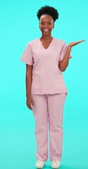 Wall Mural - Smile, funny and palm with a nurse black woman on blue background in studio for healthcare. Portrait, medical and product in the hand of a happy young female medicine professional laughing in scrubs