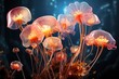 A photo of beautiful yellow glowing jellyfishes in ocean with flowers or plants on blur dark background Generative AI