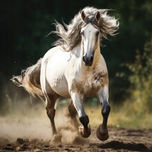 White Horse Galloping Outdoors Against The Background Of The Forest, AI