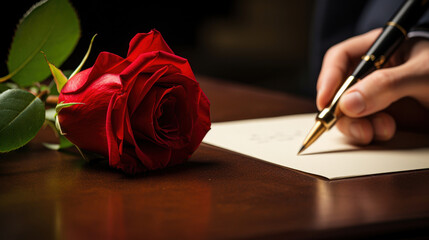 Close up of the hands of a man writing a love letter to his sweetheart with a single romantic red rose with selective colour lying on the desk alongside him