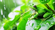 A Beautiful Frog, Donning A Hat, Sits On A Leaf In The Rain, Its Perspective Captured In A Portrait.