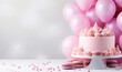Pink birthday, valentine party. Cake, balloons, macaron isolate on white background