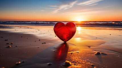 Canvas Print - Valentines Day concept. Romantic love symbol of red heart on the sand beach with copy space. Template for Inspirational compositions and quote postcards.