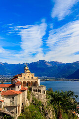 Canvas Print - View of Madonna del Sasso monastery and lake Maggiore at Locarno, Switzerland