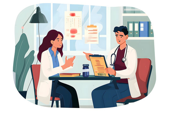 Flat vector illustration, doctor talking with patient about medicine information the doctor is explaining the pros and cons of the medicine that must be prescribed to treat the patient s disease , Whi