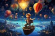 Fantasy fairy tale scene with boy flying in a hot air balloon, AI Generated