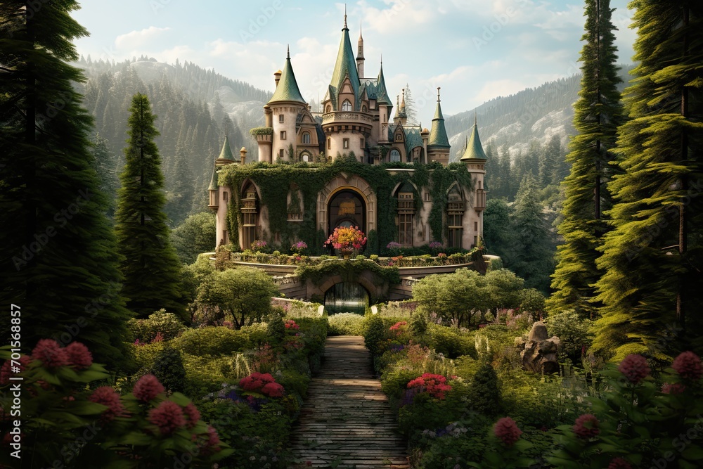 Magic castle in the forest. Fantastic fantasy landscape. 3d rendering ...