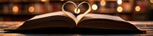 Love Story Book With Open Page Of Literature In Heart Shape And Stack Piles Of Textbooks On Reading Desk In Library, School Study Room For National Library Lovers Month And Education Learning Concept