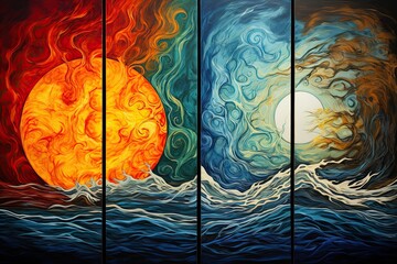 Wall Mural - Sunset in the sea. Collage of four images, An Abstract Representation Of The Four Elements, AI Generated