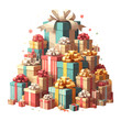 Big pile of gift boxes in festive wrapping paper with ribbon and bows