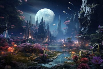 Wall Mural - Fantasy landscape with fantasy alien planet. 3D rendering digital illustration, AI Generated