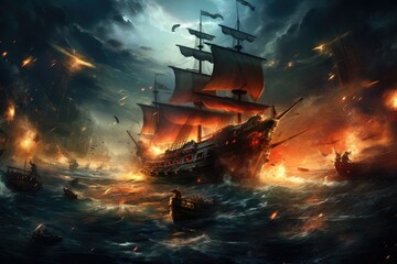 Poster - Sailing ship in the storm. 3D illustration. 3D rendering, An epic battle between pirates on the high seas, AI Generated