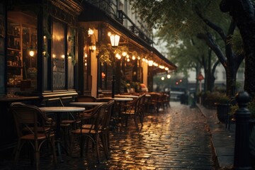 Sticker - Street cafe in the old town of Prague at night, Czech Republic, An inviting vintage café on a rainy street, AI Generated