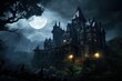 Fairy tale castle on the lake at night with full moon, An old, haunted gothic castle on a stormy night, AI Generated