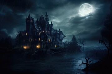 Canvas Print - Halloween background with haunted castle and full moon. 3d rendering, An old, haunted gothic castle on a stormy night, AI Generated