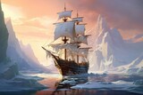 Fototapeta  - Sailing ship in the ocean at sunset. 3D illustration, An old sailing ship navigating through towering icebergs, AI Generated