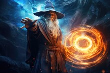Old Wizard In The Dark. Halloween Theme. 3D Rendering, An Old Wizard Casting A Spell, With Magical Energy Swirling Around Him, AI Generated