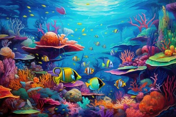 Wall Mural - Underwater scene with coral reef and tropical fish. 3d illustration, An underwater world teeming with diverse marine life, AI Generated