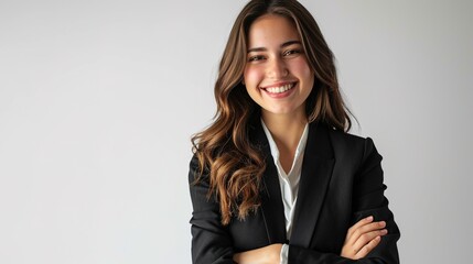 business woman smiling to camera standing pose on isolated white background. Female around 25 in suit portrait shot in studio