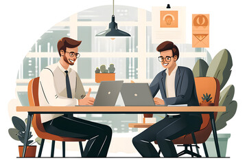 Flat vector illustration, two young businessmen sitting at workplace and working together in office , White background

