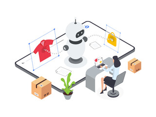 Wall Mural - flat isometric illustration of generate image and text for ecommerce platform. artificial intelligen
