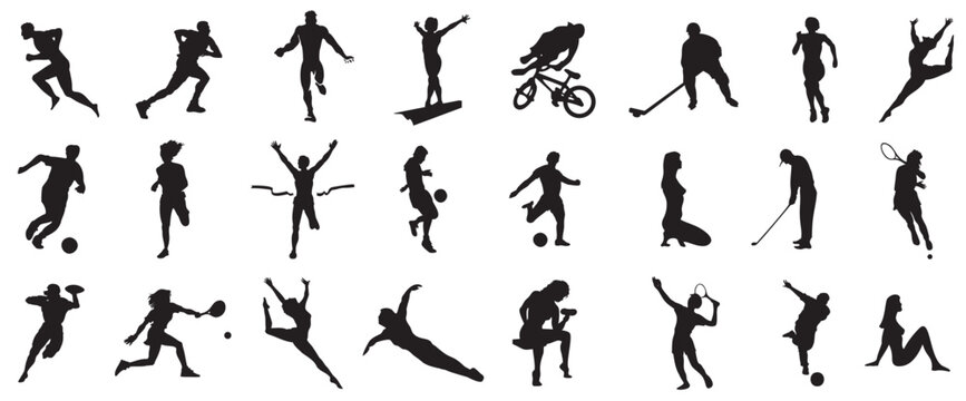 collection men and women performing various sports activities silhouettes. bundle of training, exerc