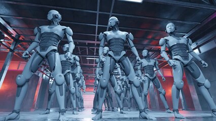 artificial intelligence factory of robot humanoid cyber moving their head side to side futuristic development 3d rendering animation 