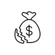Broken money bag outline icons, minimalist vector illustration ,simple transparent graphic element .Isolated on white background