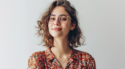 Canvas Print - Happy successful woman standing in casual outfit, smiling pleased at camera and looking confident, standing against white background.