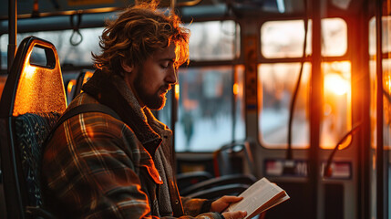 A man sits in a bus and reads a book. Daily life and traveling to work by public transport