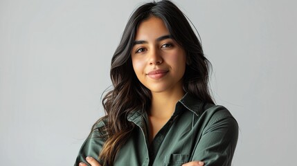 Canvas Print - Portrait of confident woman with arms crossed. Smiling young female is against white background.