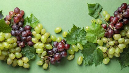 Many fresh grapes and leaves on light green table, flat lay. Space for text