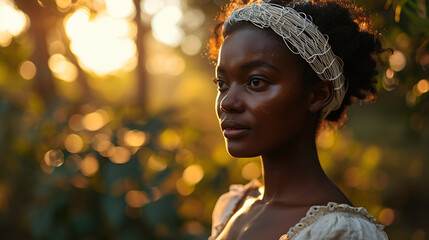 Wall Mural - Side view of African American woman in white wire hood.