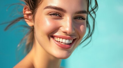 Teeth, dental and face portrait of woman with clean smile, teeth whitening and oral self care on blue background. Tooth implant, healthcare and beauty model with makeup, cosmetics and facial skincare