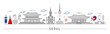 © Vector Tradition - Seoul silhouette, Korean travel landmarks and city skyline in vector line. South Korea travel and Seoul panorama buildings, architecture cityscape, people in traditional costumes and Korean landmarks