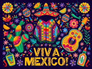 Sticker - Viva Mexico banner with sombrero, guitar and poncho, Mexican holiday fiesta vector background. Tequila with lime, maracas and chili or jalapeno peppers in colorful tropical floral pattern ornament