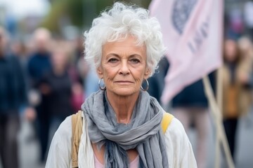 Wall Mural - Portrait of an elderly woman with a placard on the street