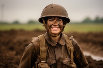 Wall Mural - Post-apocalyptic woman in military uniform and helmet on the field