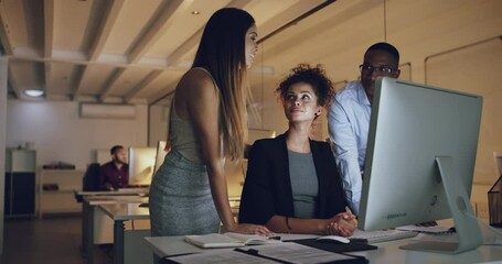 Leinwandbilder - Business people, computer and night teamwork, online planning or website design collaboration in office. Professional group, manager or employees on desktop for marketing review, research or feedback