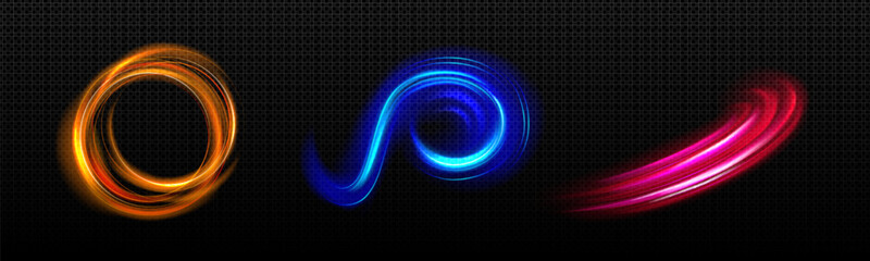 Wall Mural - Light waved and circular neon elements with swoosh effect. Realistic vector illustration set of magic golden, blue and pink glowing swirl circle lines. Abstract luminous twirl and vortex trail.