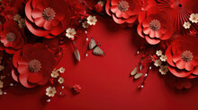 Happy Chinese New Year. Chinese New Year Banner With Flowers And Paper Fans On Red Background. Greeting Card.
