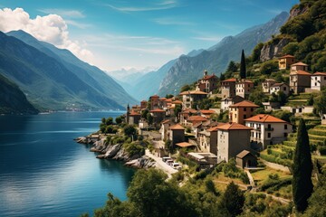 Canvas Print - Hallstatt village in Alps, Austria, Europe. Panoramic view, AI Generated