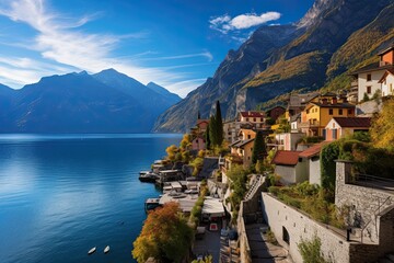 Wall Mural - Village on the shore of Lake Como, Lombardy, Italy, AI Generated