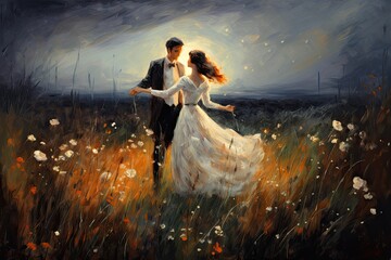 Sticker - Wedding couple in the field at sunset. Digital painting, AI Generated